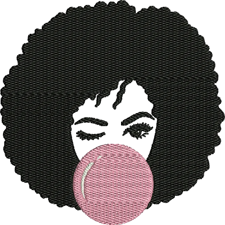 afro woman blowing pink bubblegum embroidery design