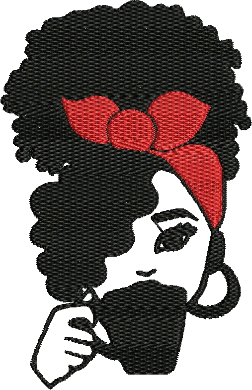 afro woman coffee red headband embroidery design