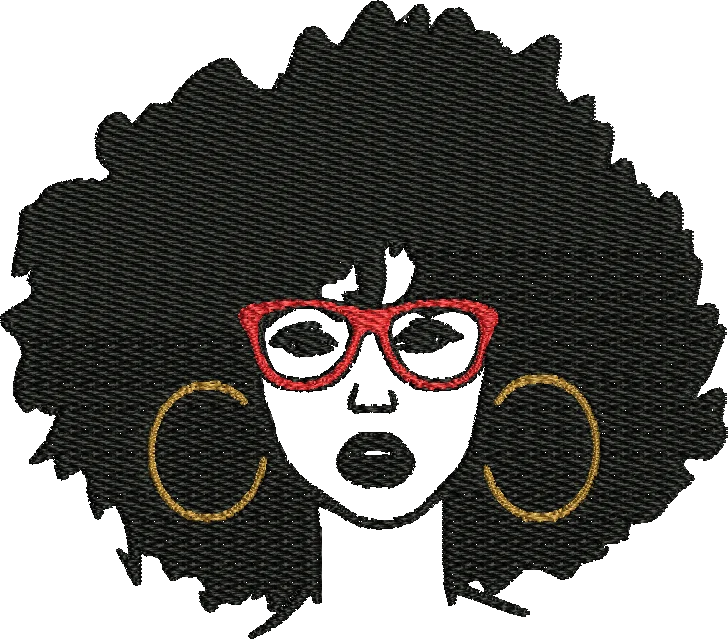 afro woman red glasses gold hoops embroidery design